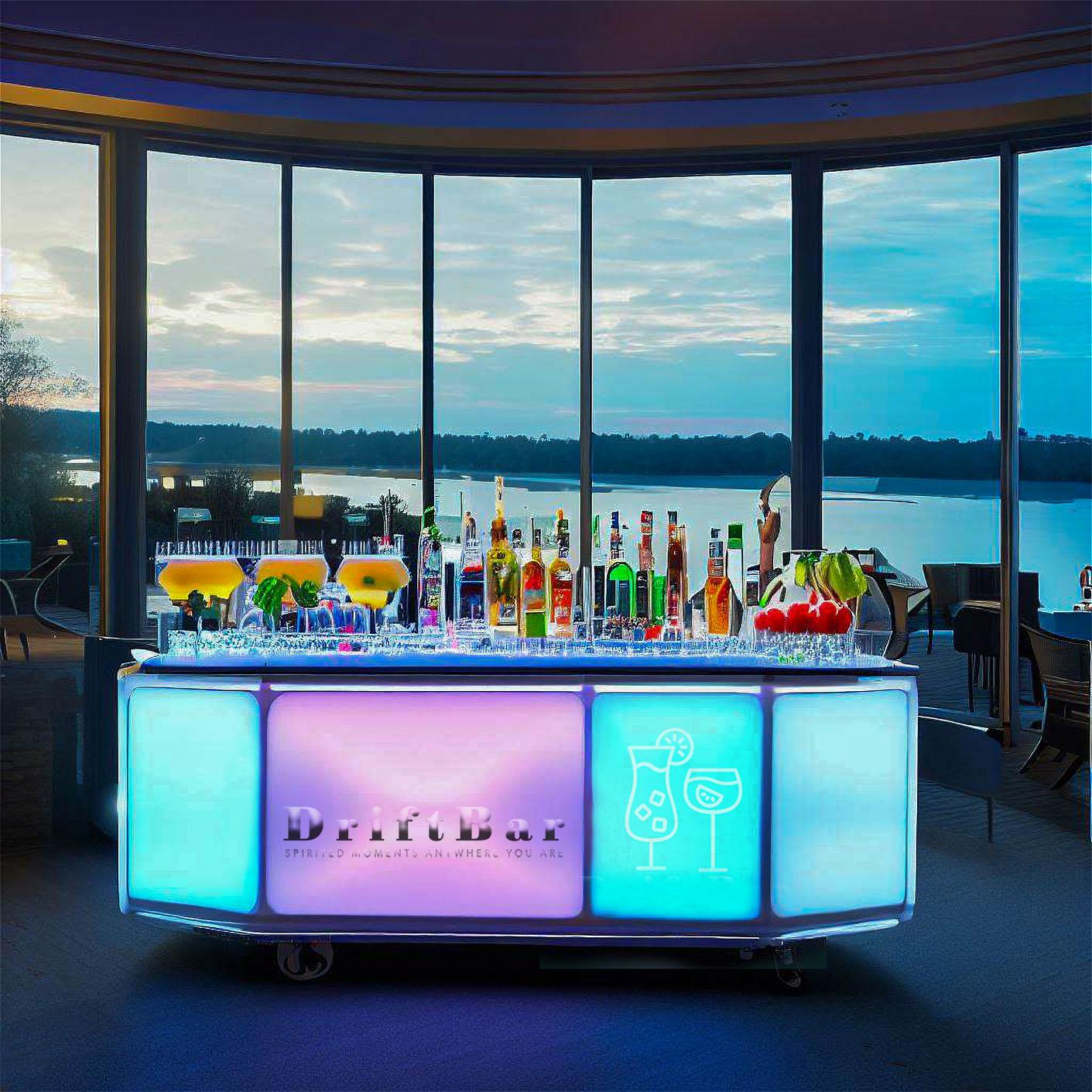 a mobile bar sitting in front of panoramic windows