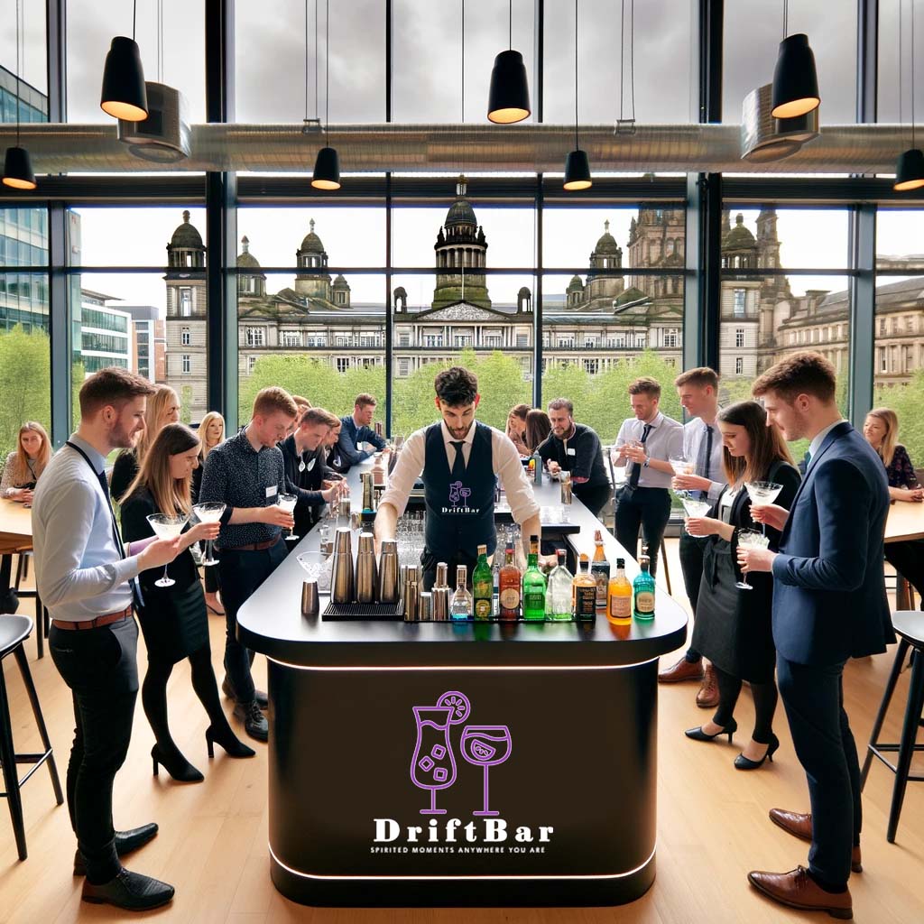 a cocktail masterclass taking place inside an office building with views outside the windows to Glasgow city.